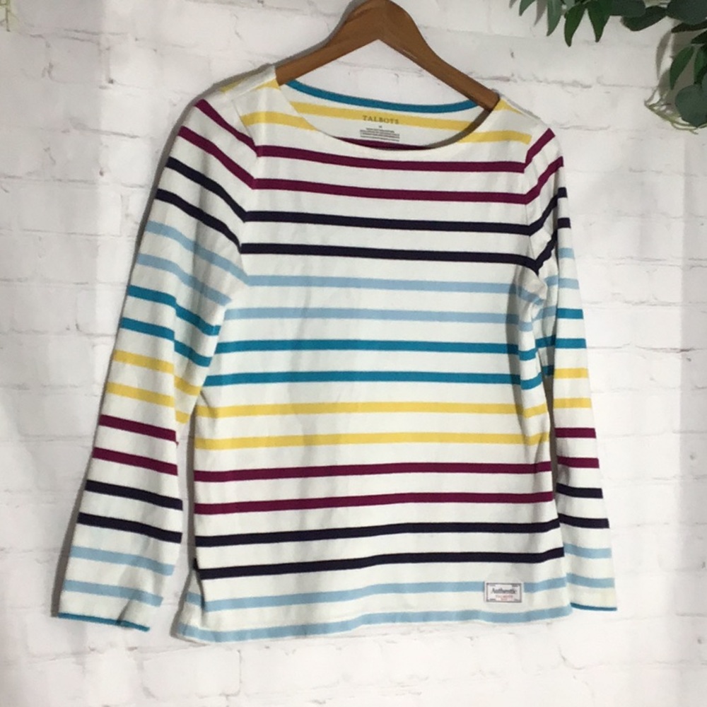 🌼TALBOTS MULTI COLOR STRIPE BLOUSE. ROUND NECK SIZE MEDIUM‎